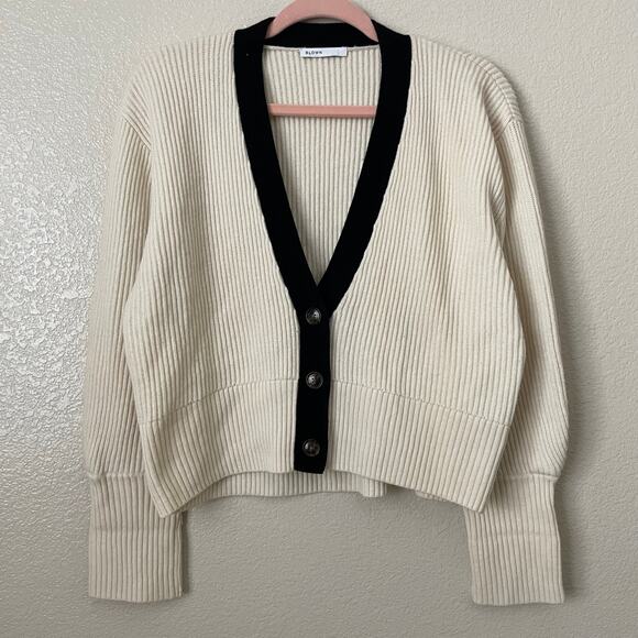 BLDWN Cardigan Women Small Cream Black Sparrow Cashmere Wool Ribbed Knit Sweater - Picture 3 of 12
